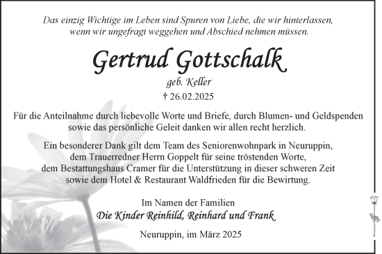 Traueranzeige von Gertrud Gottschalk von Märkische Oderzeitung