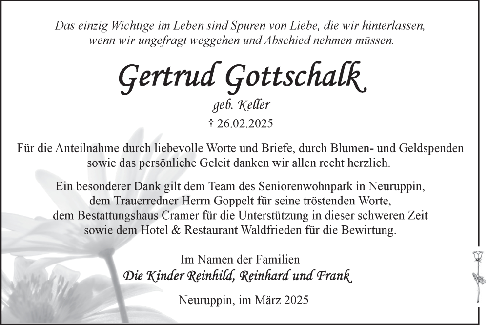  Traueranzeige für Gertrud Gottschalk vom 29.03.2025 aus Märkische Oderzeitung