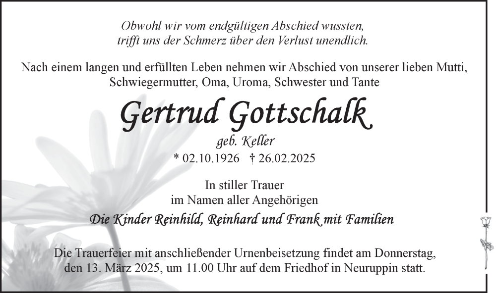  Traueranzeige für Gertrud Gottschalk vom 08.03.2025 aus Märkische Oderzeitung