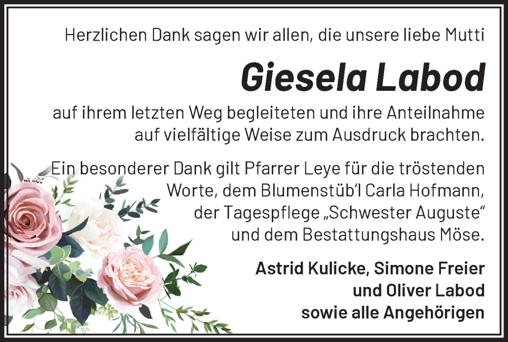  Traueranzeige für Giesela Labod vom 15.03.2025 aus Märkische Oderzeitung