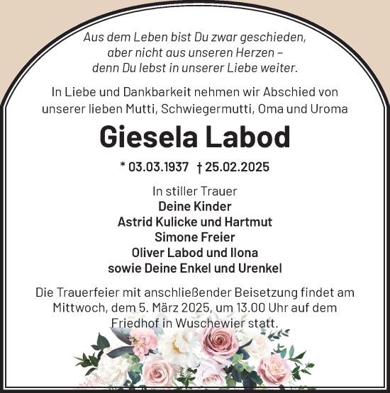 Traueranzeige von Giesela Labod von Märkische Oderzeitung