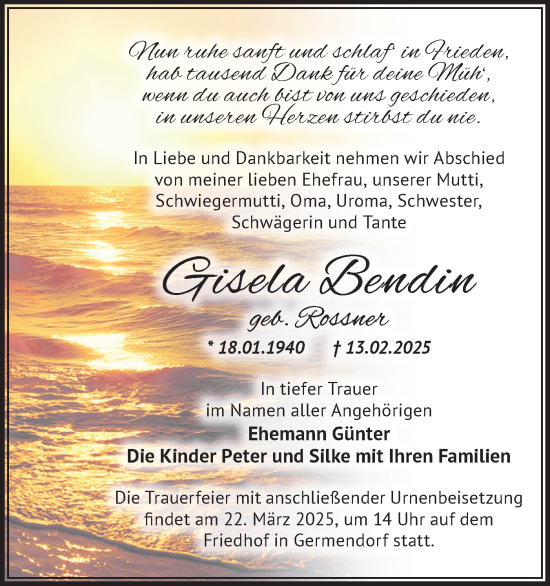 Traueranzeige von Gisela Bendin von Märkische Oderzeitung