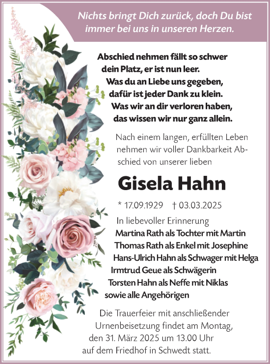 Traueranzeige von Gisela Hahn von Märkische Oderzeitung