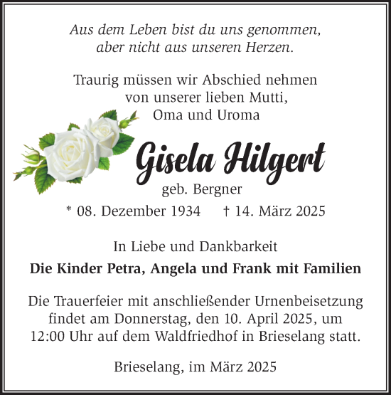 Traueranzeige von Gisela Hilgert von Märkische Oderzeitung