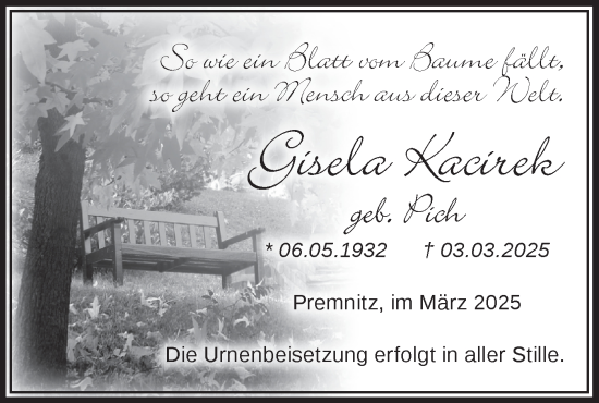 Traueranzeige von Gisela Kacirek von Märkische Oderzeitung
