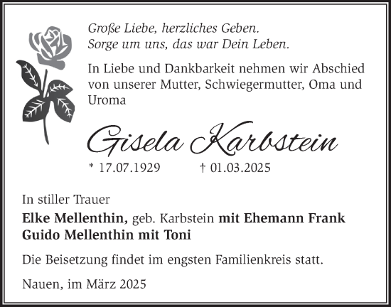 Traueranzeige von Gisela Karbstein von Märkische Oderzeitung