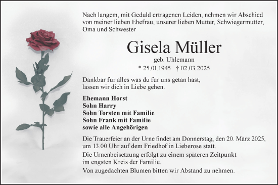 Traueranzeige von Gisela Müller von Märkische Oderzeitung