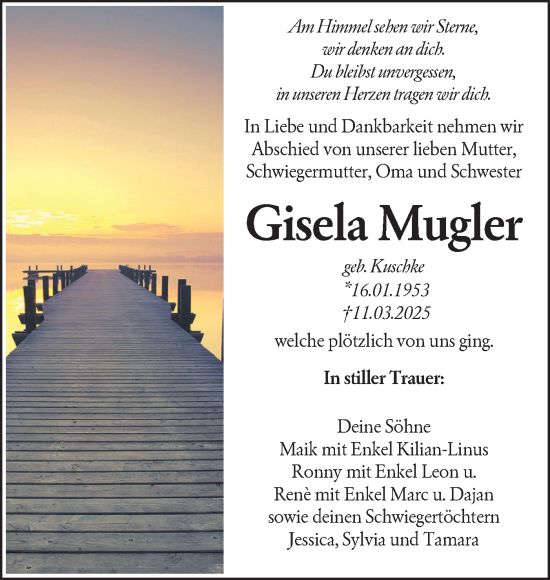 Traueranzeige von Gisela Mugler von Märkische Oderzeitung