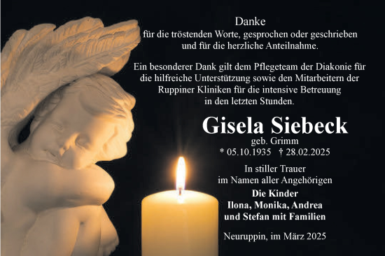 Traueranzeige von Gisela Siebeck von Märkische Oderzeitung