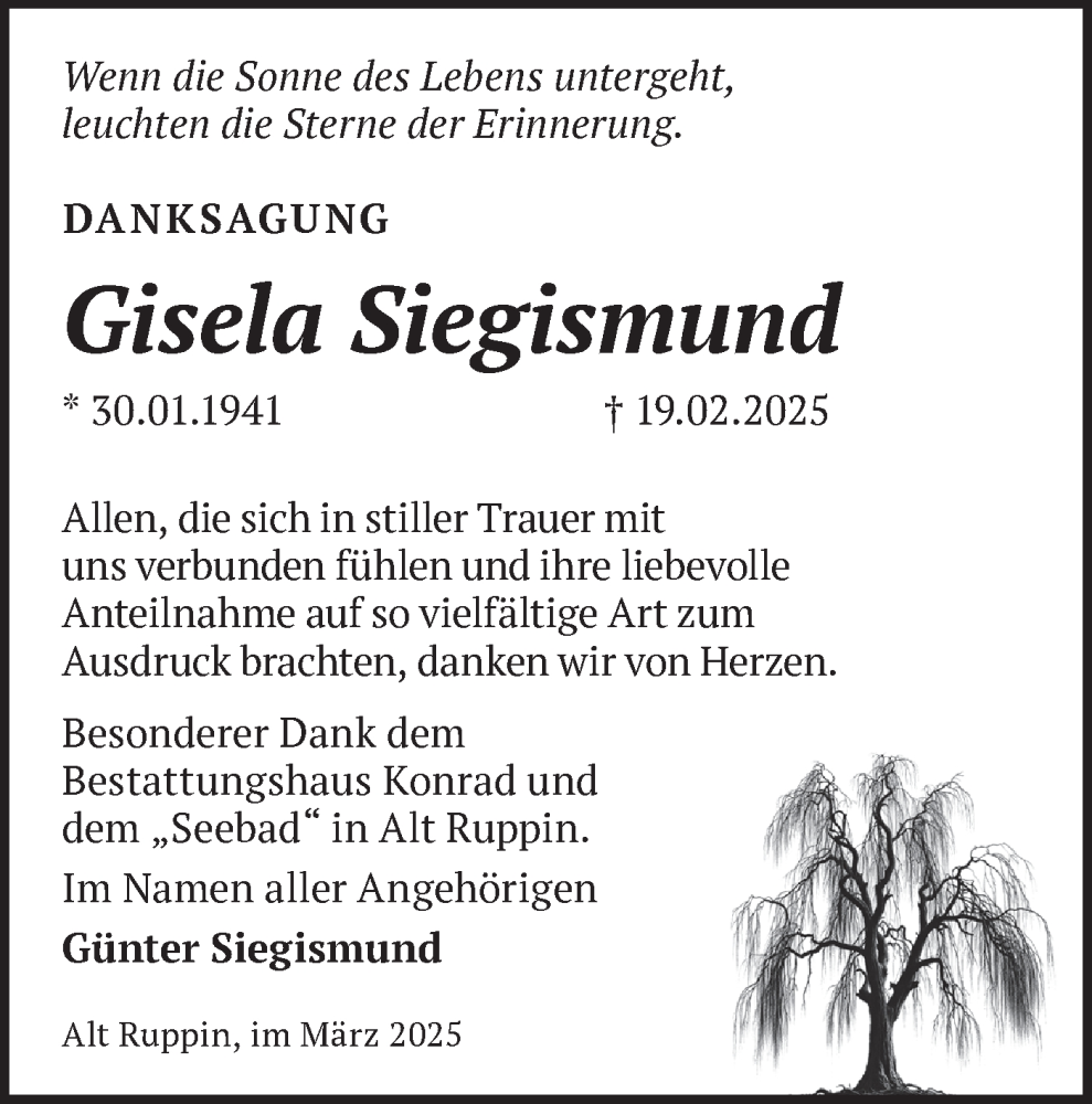  Traueranzeige für Gisela Siegismund vom 29.03.2025 aus Märkische Oderzeitung