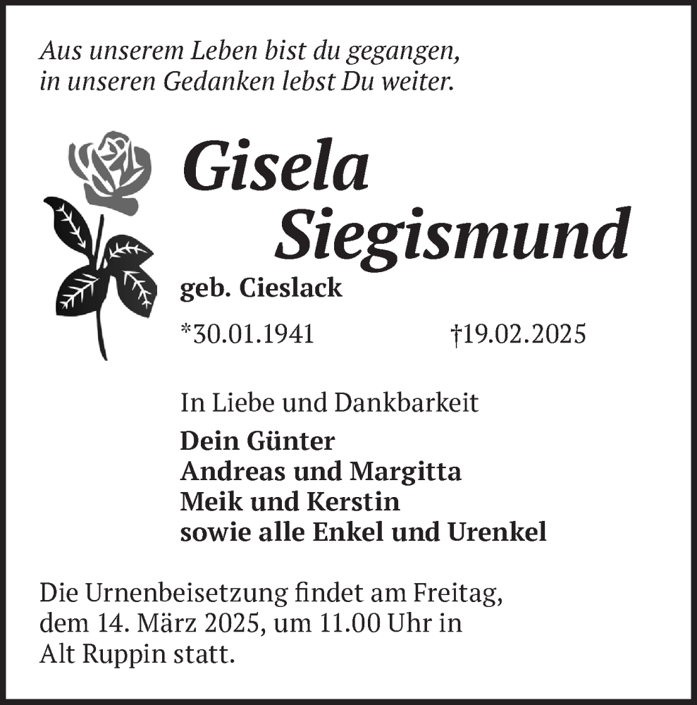  Traueranzeige für Gisela Siegismund vom 01.03.2025 aus Märkische Oderzeitung