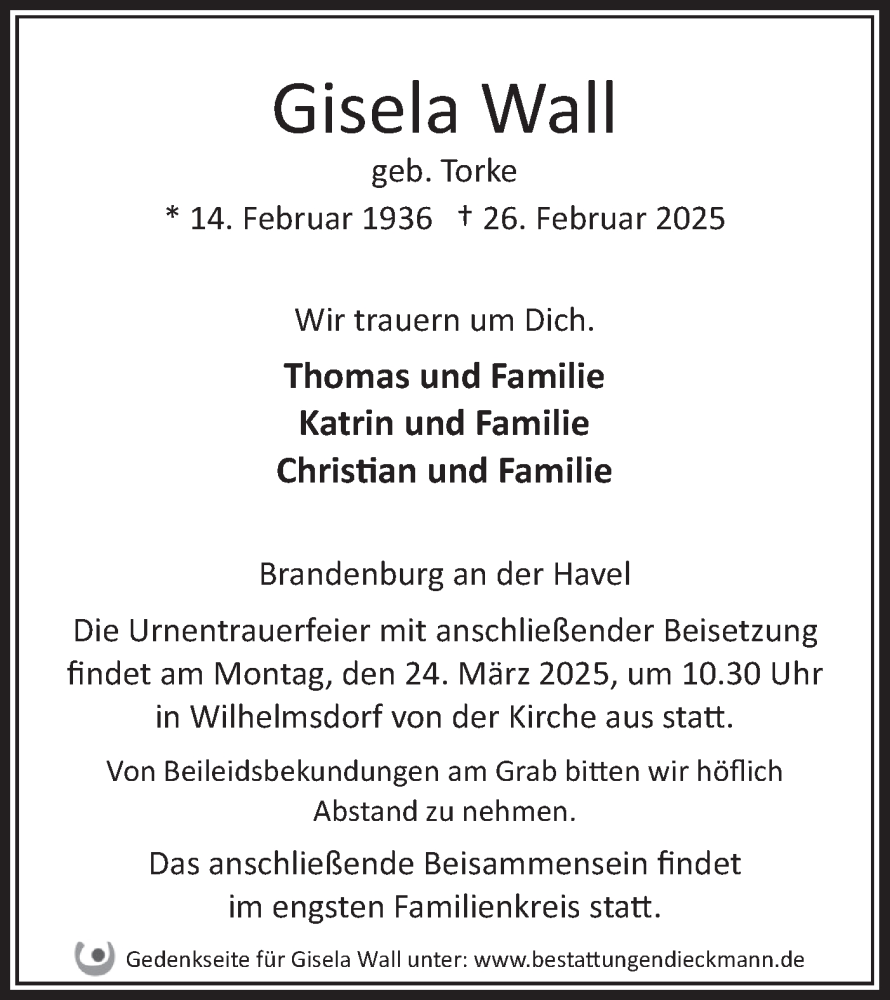  Traueranzeige für Gisela Wall vom 08.03.2025 aus Märkische Oderzeitung