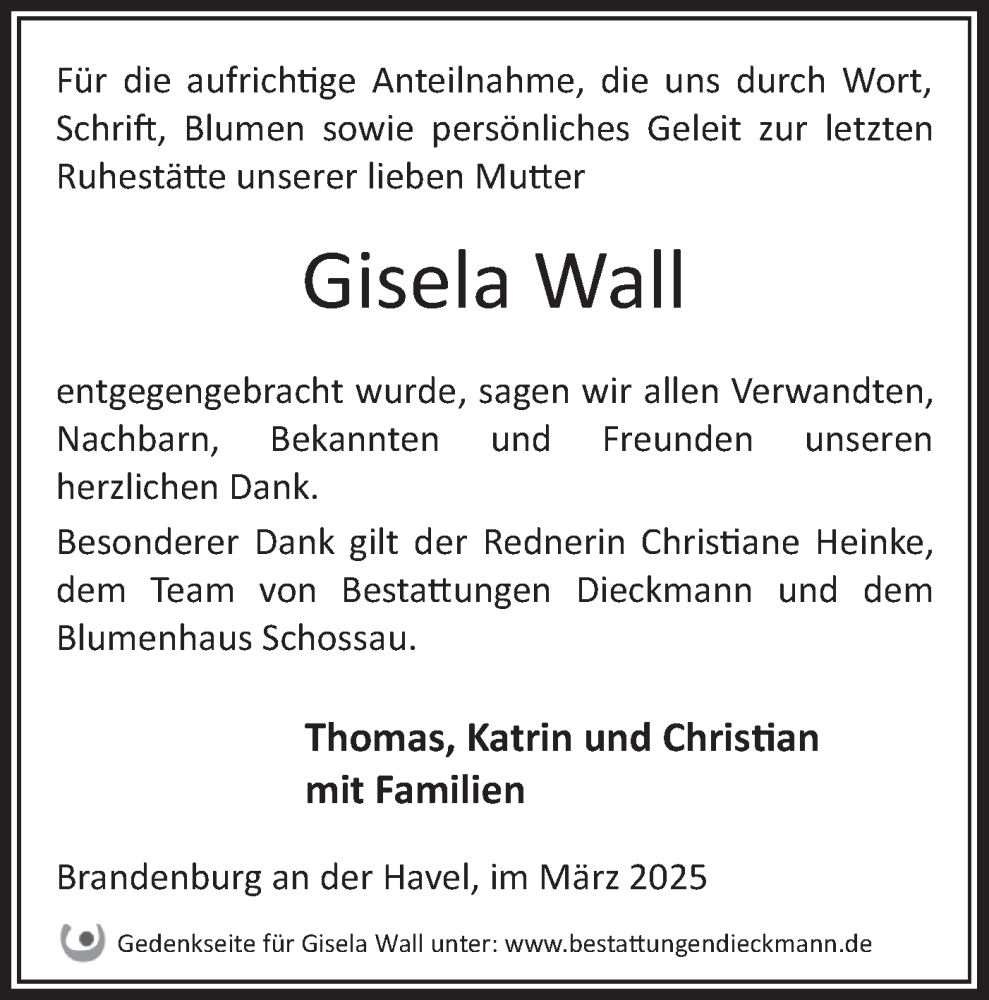  Traueranzeige für Gisela Wall vom 29.03.2025 aus Märkische Oderzeitung