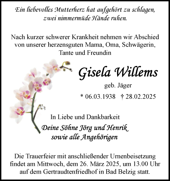 Traueranzeige von Gisela Willems von Märkische Oderzeitung