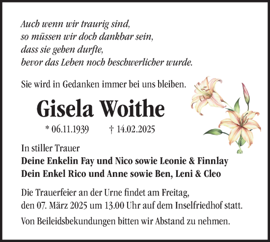 Traueranzeige von Gisela Woithe von Märkische Oderzeitung