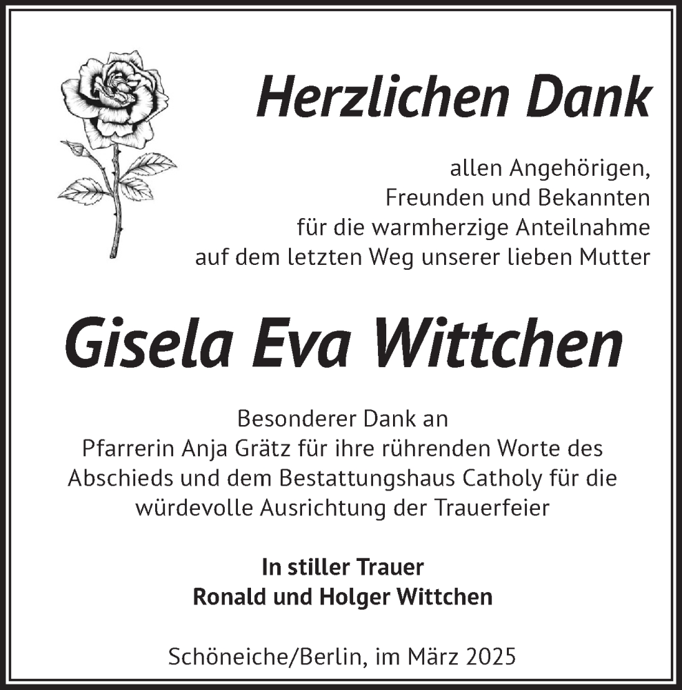  Traueranzeige für Gisela Eva Wittchen vom 08.03.2025 aus Märkische Oderzeitung