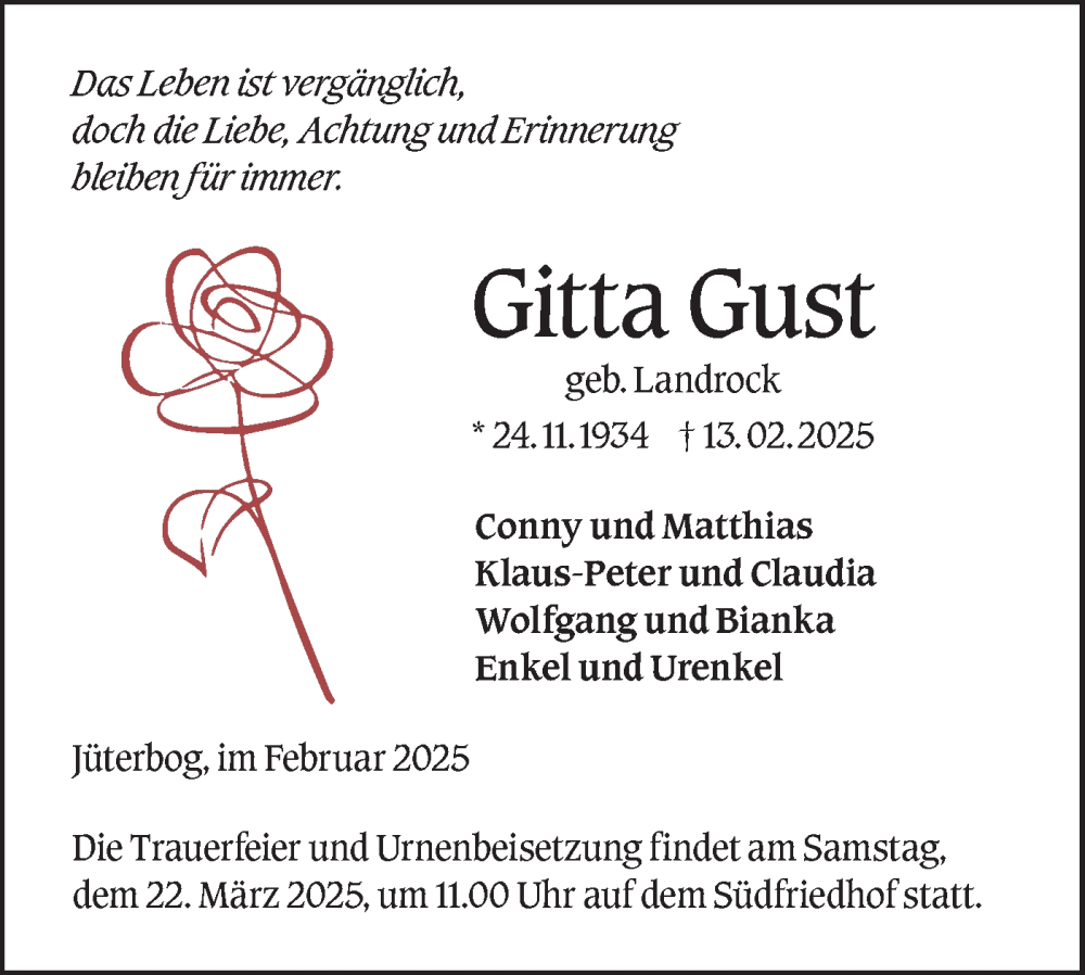  Traueranzeige für Gitta Gust vom 01.03.2025 aus Märkische Oderzeitung