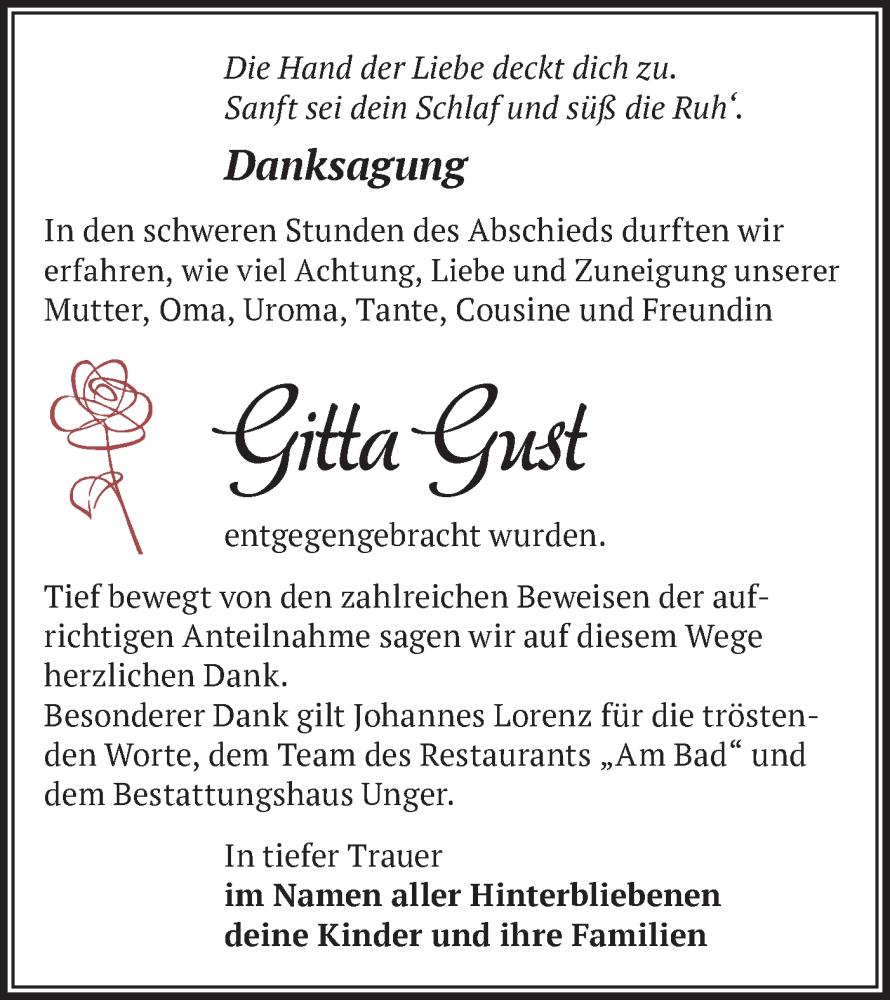 Traueranzeige für Gitta Gust vom 29.03.2025 aus Märkische Oderzeitung