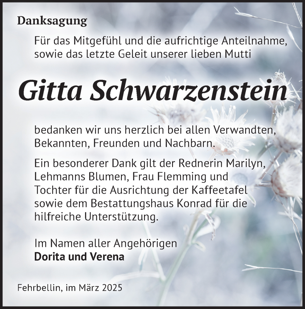  Traueranzeige für Gitta Schwarzenstein vom 29.03.2025 aus Märkische Oderzeitung