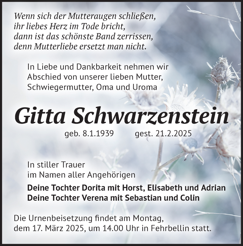  Traueranzeige für Gitta Schwarzenstein vom 01.03.2025 aus Märkische Oderzeitung