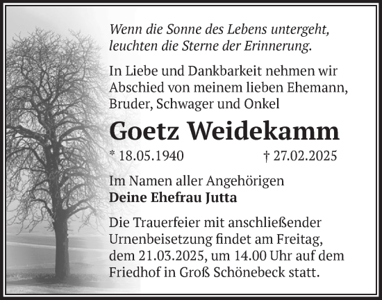 Traueranzeige von Goetz Weidekamm von Märkische Oderzeitung