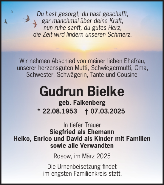 Traueranzeige von Gudrun Bielke von Märkische Oderzeitung