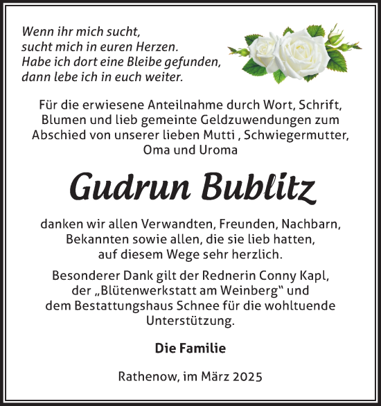 Traueranzeige von Gudrun Bublitz von Märkische Oderzeitung