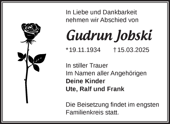 Traueranzeige von Gudrun Jobski von Märkische Oderzeitung