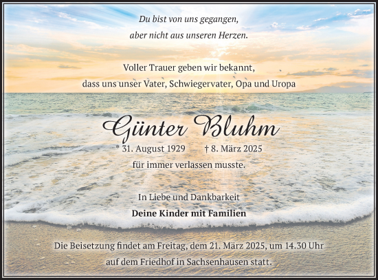 Traueranzeige von Günter Bluhm von Märkische Oderzeitung