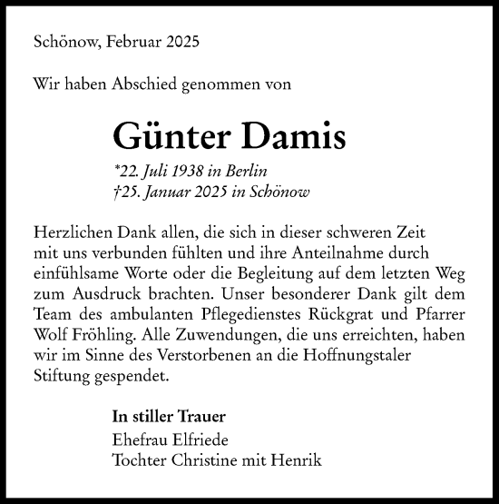 Traueranzeige von Günter Damis von Märkische Oderzeitung