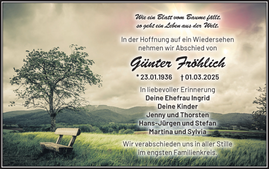 Traueranzeige von Günter Fröhlich von Märkische Oderzeitung