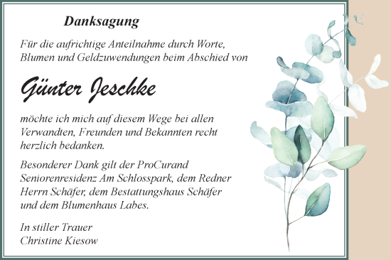 Traueranzeige von Günter Jeschke von Märkische Oderzeitung