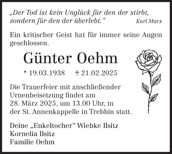 Traueranzeige von Günter Oehm von Märkische Oderzeitung