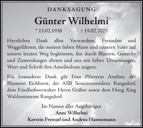 Traueranzeige von Günter Wilhelmi von Märkische Oderzeitung