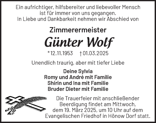 Traueranzeige von Günter Wolf von Märkische Oderzeitung