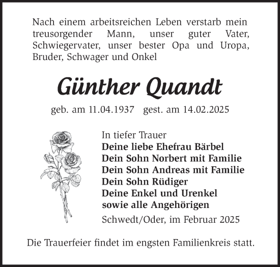Traueranzeige von Günther Quandt von Märkische Oderzeitung