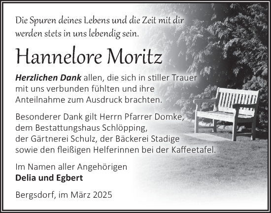 Traueranzeige von Hannelore Moritz von Märkische Oderzeitung