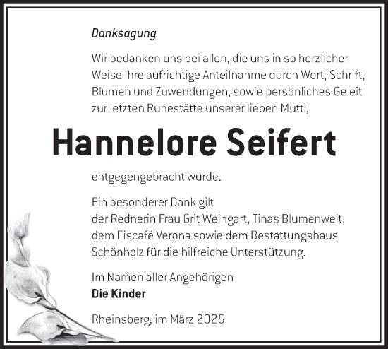 Traueranzeige von Hannelore Seifert von Märkische Oderzeitung