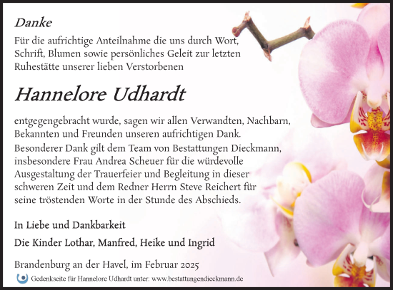 Traueranzeige von Hannelore Udhardt von Märkische Oderzeitung
