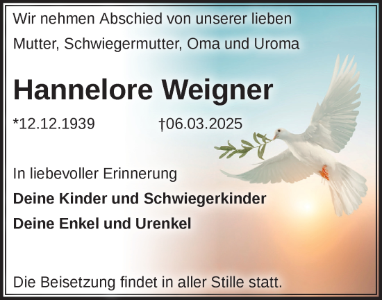 Traueranzeige von Hannelore Weigner von Märkische Oderzeitung