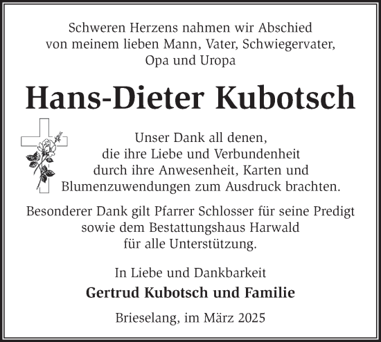 Traueranzeige von Hans-Dieter Kubotsch von Märkische Oderzeitung