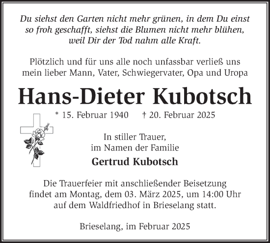 Traueranzeige von Hans-Dieter Kubotsch von Märkische Oderzeitung