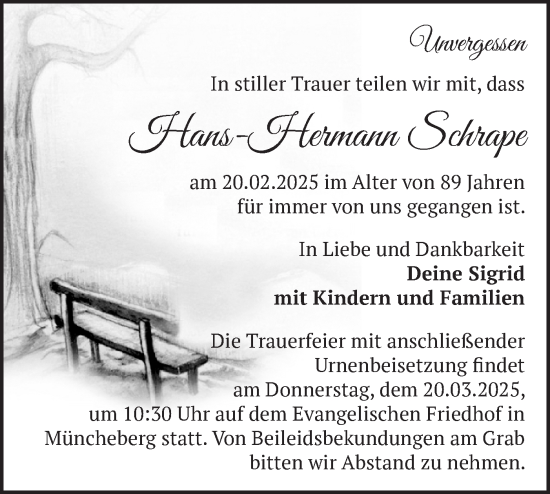 Traueranzeige von Hans-Hermann Schrape von Märkische Oderzeitung