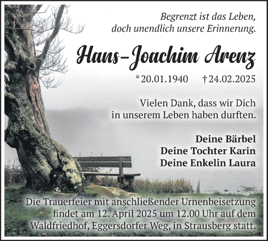Traueranzeige von Hans-Joachim Arenz von Märkische Oderzeitung