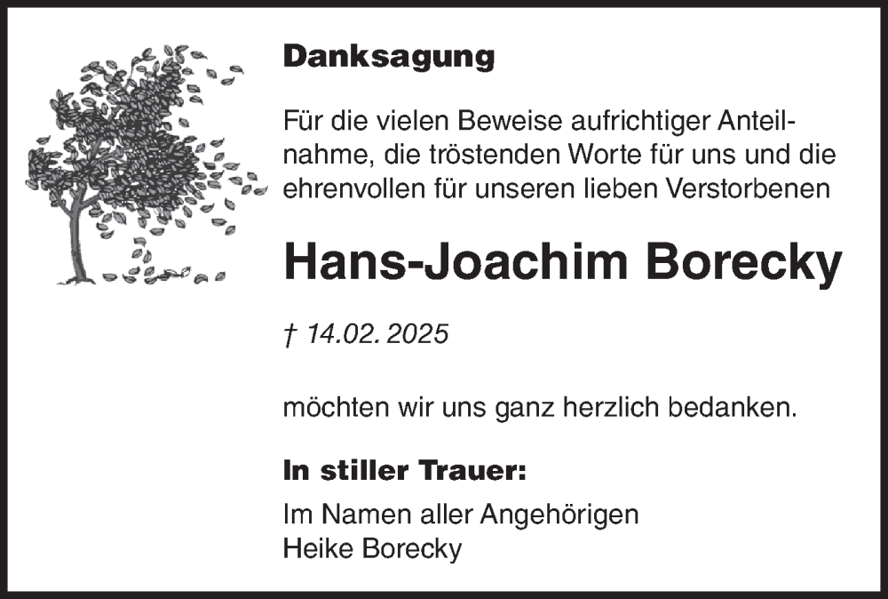  Traueranzeige für Hans-Joachim Borecky vom 22.03.2025 aus Märkische Oderzeitung