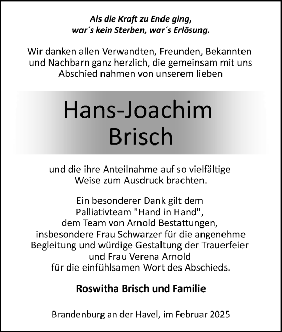 Traueranzeige von Hans-Joachim Brisch von Märkische Oderzeitung