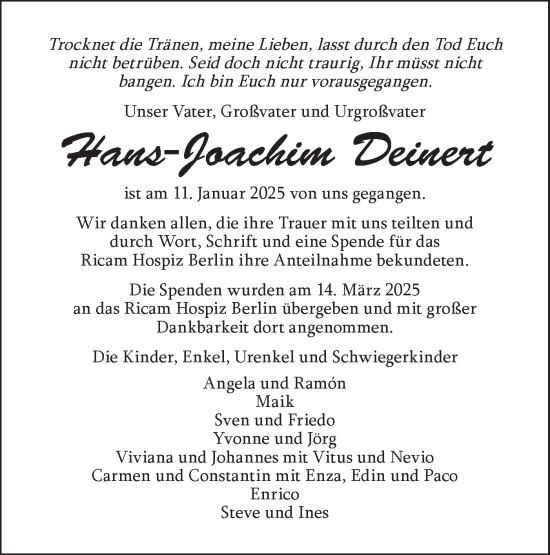 Traueranzeige von Hans-Joachim Deinert von Märkische Oderzeitung