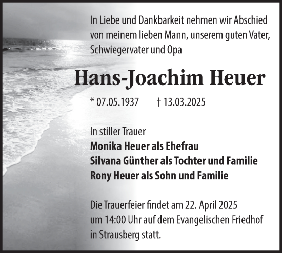 Traueranzeige von Hans-Joachim Heuer von Märkische Oderzeitung