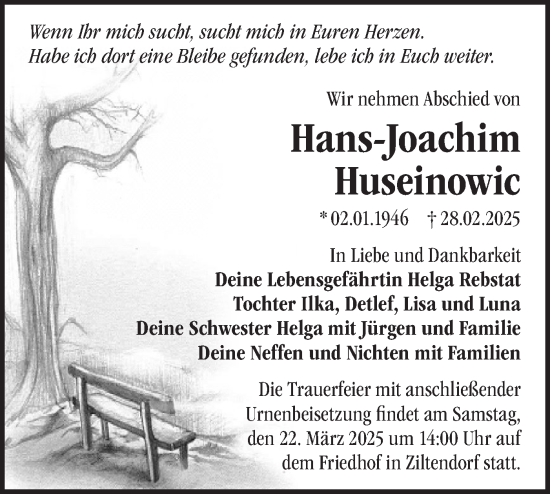 Traueranzeige von Hans-Joachim Huseinowic von Märkische Oderzeitung