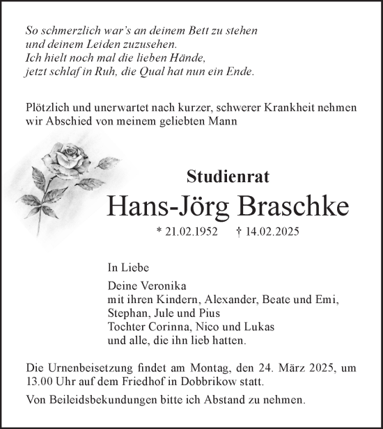Traueranzeige von Hans-Jörg Braschke von Märkische Oderzeitung